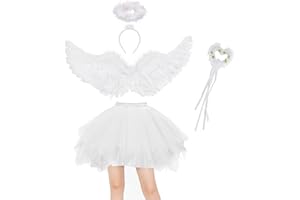 Winwild 4 Stück Engel Kostüm Damen Set 80CM Engelsflügel Schwarz Erwachsenes Engel Teufel Feen Kostüm Tüllrock mit Heiligenschein Zauberstab für Karneval Halloween Cosplay Fasching Verkleidung