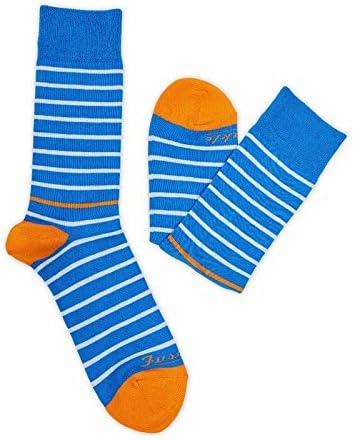 Fusakle Unisex Blue Funny Socks With White Stripes And Mustard details - Happy Fun Socks - Large