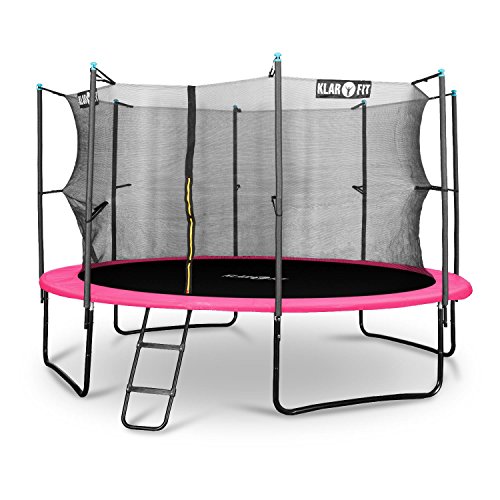 Klarfit Rocket Gartentrampoline Outdoortrampoline (Ø 250 – 430 cm, Sicherheitsnetz, Einstiegsleiter, gepolsterte Stangen, bis max. 150 kg belastbar) blau, pink oder grün - 8