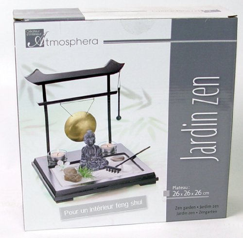 Buddhagarten ZEN Set auf Holzplateau mit zwei Gongschlägen, zwei Windlichtern, Sand und anderem Zuberhör - 4