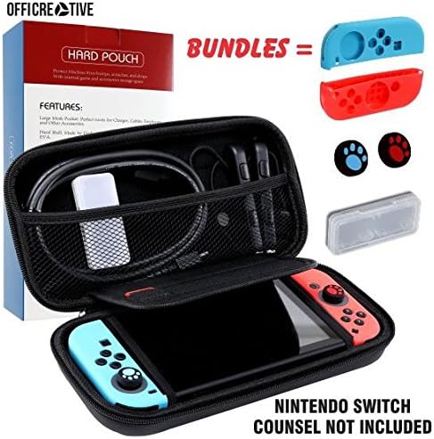 OffiCreative Nintendo Protective Switch Case &amp; Travel Cover | Light Weighted 10.5 x 5 x 2 Inches Black Colored Nintendo Case with Free Bundle of 2 Silicon Handgrip Covers, 2 Silicon Thumbstick Covers &amp; 1 Expansion Card Case as Gifts.