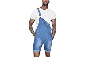 Huateng Hombres Moda Agujero Rasgado Engarzado Denim Mono Corto Lavado Distressed Jeans Cortos Monos Peto