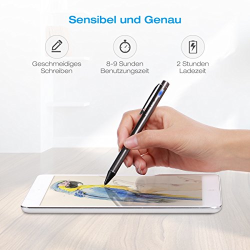 Poweradd elektronischer aktiver Stylus Stift, prÃ¤ziser aufladbarer Eingabestift kapazitiv mit dÃ¼nner Spitze, tolles GefÃ¼hl beim Spielen, Zeichnen und Schreiben auf Touchscreen Apple iPhone, iPad, iPad Mini, iPad Air 2, Handys, Smartphones Tablets, Grau