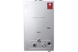 TABODD 32KW 16L LPG Propane Gas Water Heater, 4.3 GPM Portable Tankless Instant Hot Water Heater Boiler Burner with Shower Head Kit for Small Homes RV's Sailboats Cabins Camping, Silver