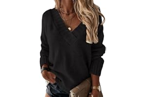 Minetom Femme Pull en Tricot Col en V Pullover Couleur Unie Léger Casual Manches Longues Pull Tricoté Chaud Hauts Chandail Automne Hiver