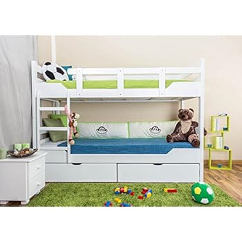 90x200 Kinder Etagenbett Weiß/grau mit Bettkasten Treppe und Geländer