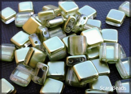 40 Pieces Czech Glass Two-Hole Tile Beads Estrela 6x6x3.2mm Olivine