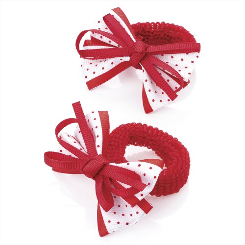 2 x Girls Red & White Bow Motif Hair Elastics/ Bobbles / Ponios