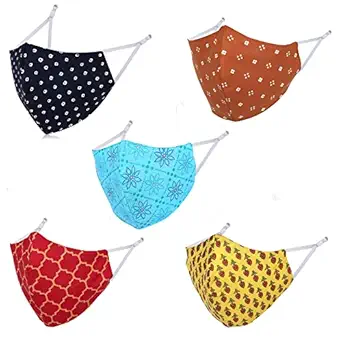 DFR Reversible Cotton Reusable Cloth Mask With Adjustable Ear Loop (Multicolor Without Valve Pack of 5) For Women Men