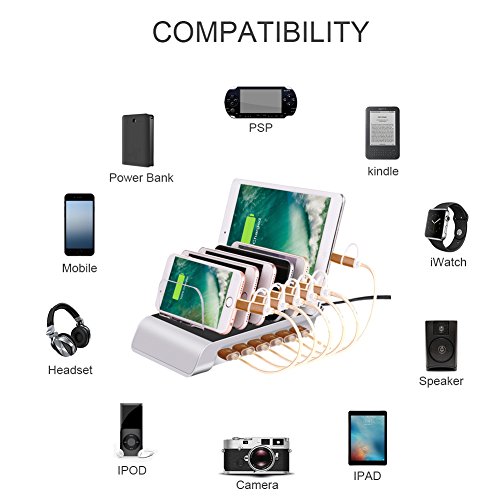 Dock Station di Ricarica INKERSCOOP Caricabatterie da Tavolo con 6 Porte USB Caricatore per Smartphone e Tablet (argento)