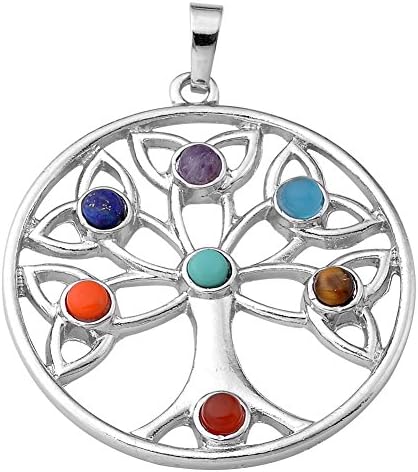 JS Direct 7 Chakra Healing Crystal Stones Tree of Life Pendant Necklace Jewelry