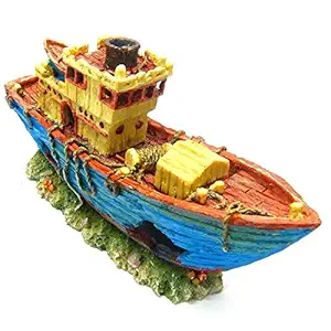 Aquarium Equip Ancient Fishing Boat/Ship Shipwreck Fish Tank Ornament Decoration (10.8-inches)