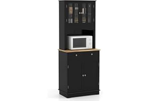 GiantexUK Tall Kitchen Cupboard, Freestanding Storage Cabinet with Rubber Wood Countertop, Adjustable Shelves & Drawers, 4-Door Pantry Cabinet for Home Kitchen Dining Living Room, White (Black)