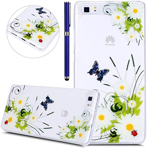 FESELE Huawei P8 lite Case,Huawei P8 lite Soft Gel TPU Transparent Cover,Unique Butterfly Grass Painting,Anti Slip, Scratch Resistant Silicone Protective Cover for Huawei P8 lite,Flexible Silicone Back Soft Smart Phone Sleeve for Huawei P8 lite with Free Blue Stylus Pen-Butterfly grass