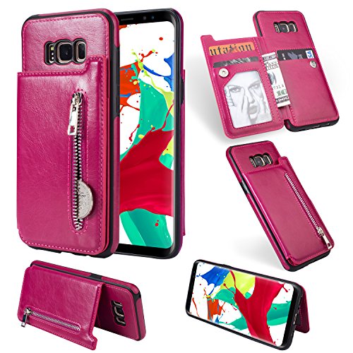 Preisvergleich Produktbild Shinyzone Reißverschluss Brieftasche Handyhülle für Samsung Galaxy S8 Plus,Kartenfächer [Magnetische Schnalle] Retro Premium PU Ledertasche Flip Schutzhülle-Rose Rot