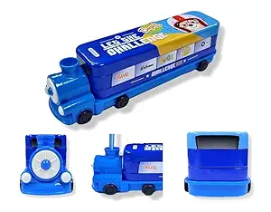 RIANZ Train Pencil Box for Kids with Moving Tyres & Sharpener Geometry Case for Boys & Girls (Navy Blue)