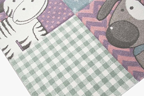 Kinderteppich Spielteppich Kinderzimmer Teppich niedliche Bunte Tiere mit Konturenschnitt mit Hund Giraffe Zebra Bär Katze Nilpferd in Pastellfarben Rosa Türkis Lila Senfgelb Grau Grün Creme Beige Bunt Größe 120×170 cm - 3