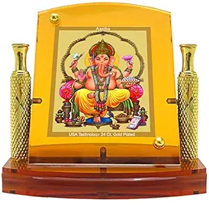 AASHTA Molded Acrylic 24K Gold Plated Foil Engraved Pillars of Brass Ganesha Photo Frame Car Dashboard | Study Table | Pooja Room | Office Table