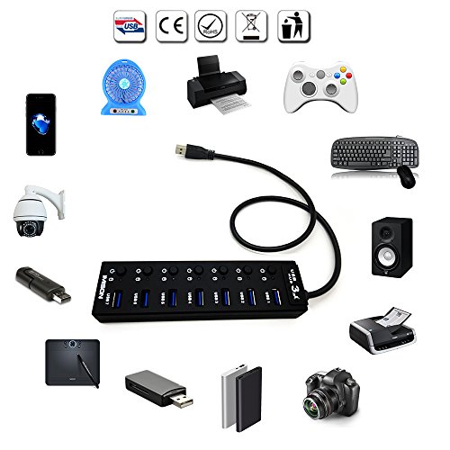 USB 3.0 Hub 7 port IMISON Extra Slim LED Kontrolllampe with On/off Switch High-speed Data Transfer USB Hub mit Ladeports 3.51.35 Power Jack [BC 1.2] [Black] - 5