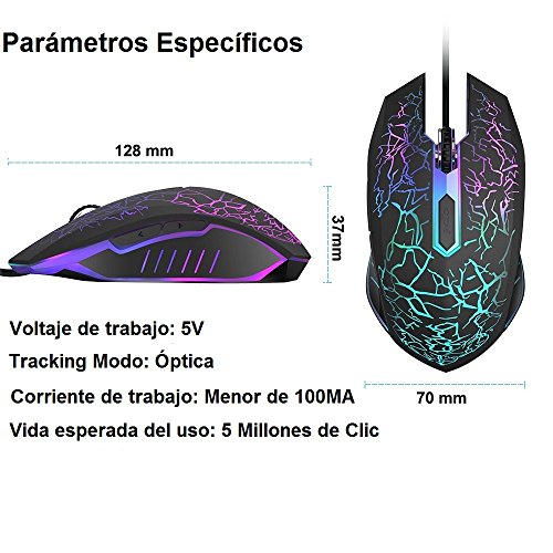 VersionTECH  Rat  n Gaming con Cable hasta 2400 DPI Rat  n Ergon  mico   ptico para Juegos con 7 Colores Luz LED 6 Bot  n Gaming Mouse Wired para PC Ordenadores Port  til Mac Negro 