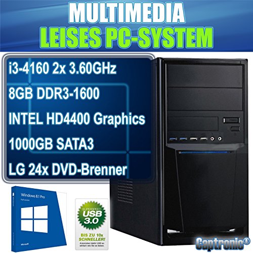 Captronic® (i3-4160-8GB-HD4400-1TB-Win8.1Pro) Windows 8.1 Professional 64bit | DualCore Silent Multimedia Office PC Front USB 3.0 INTEL Core i3-4160 2x 3,60GHz Haswell Refresh | KINGSTON 8GB DDR3-1600 | 24x DVD-Brenner | 1000GB HDD SATA3 | Intel HD 4400 HDMI/DVI/VGA | 6x USB 3.0 | CardReader | 7.1 Sound | GigabitLAN | Design Gehäuse Schwarz - 2