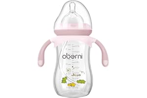 Oberni Anti-Colic Baby Bottle with Size 4 Breast-Like Teat, Non-Slip Handles, Weighted Straw for 12 Months Newborn Babies, 270ml/9oz/Pink/1Pack