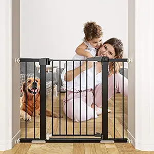 OTTOLIVES Metal Baby Gate Pet Gate 27-40 Inch Extra Wide Pressure Mounted Dog Gate for Stairs & Doorways Baby Gate with Door Walk Through Easy Step NO Need Tools NO Drilling, Adjustable Size (Black)