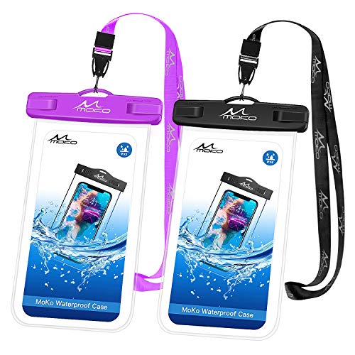 MoKo Bolsa Impermeable para Teléfono, [2 PZS] Estancas Flotante Funda Universal con Correa para iPhone X/XS/XR/XS MAX, 8/7/6s Plus, Samsung Galaxy S9/S8 Plus, S7 Edge, Note 9/8, Huawei - Negro+Morado