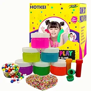 HOTKEI (6 Neon Slime kit) DIY Neon Colored Fruit Scented Slimy Slime Gel Jelly Set Kit Air Dry Magical Crystal Clay Putty Toy Kit for Girls Boys Kids Slime with Glitter| Stars | Thermocol Ball Set