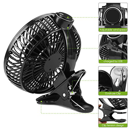 Amzdeal Mini Clip Tischventilator mit maximaler Windgeschwindigkeit 4 m/s, Durchmesser 9,6 cm, für den Schreibtisch, USB Ventilator, schwarz - 3