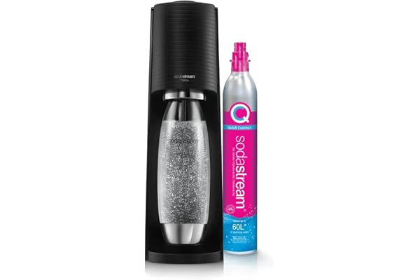 Sodastream Terra Machine à Eau Pétillante et Soda | Pack 1 Bouteille 1L Finition Acier Inoxydable Compatible Lave-Vaisselle + 1 Recharge de Gaz 60L à Clipser | Noire