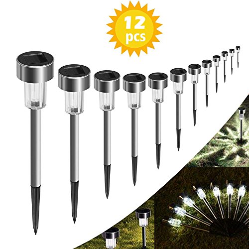 Amaza Luz Solar Jardin, 12 Luces Solares Jardín LED, Luces Exterior Solares Acero Inoxidable Luces Solares Impermeables Para Patio, Césped, Patio, Pasillo (12 Pieces)