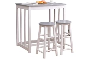 Kingwudo® Modern White & Grey Pine Wood Bar Table and Stools Set (1 Table + 2 Stools) - Patio/Garden Bar Table - 86L x 60W x 90H cm