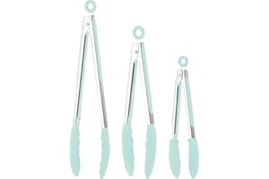 BASVII 3 Piezas Pinzas Cocina Silicona - Puntas de Silicona Resistentes Calor que no Dañan Sartenes - Pinzas de Cocina Silicona con Gancho, para Cubrir Todas Necesidades de Cocina (Verde)