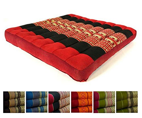 Kapok Sitzkissen 50x50x6,5cm der Marke Asia Wohnstudio, optimal als Stuhlauflage oder Meditationskissen, Bodenkissen bzw. Stuhlkissen (rot / Elefanten)