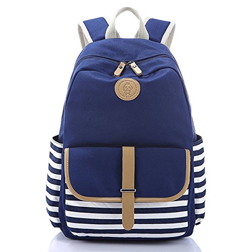 Preisvergleich Produktbild Adrette französische Breton nautische gestreift Rucksack Rucksack Marine Matrose Marine Streifchen Schultaschen für Frauen Damen Mädchen 3-blau