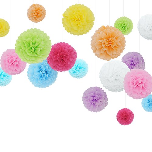 Feelshion 18x Seidenpapier Farbig Pompons Set als Geburtstag Kindergeburtstag Hochzeit Gartenparty Dekoration - 6