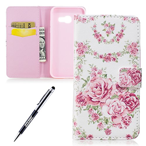 Galaxy A5 2017 Hülle,Samsung Galaxy A5 2017 Handycover,JAWSEU Schön Rose Blumen Muster Pu Leder Wallet Brieftasche Cover Magnetverschluss Book Style Handyhülle Schutzhülle Ledertasche Case Cover Etui mit[Ständerfunktion] und [Kartenfächer] für Samsung Galaxy A5 2017+1xSchwarz Glitzer Bling Eingabestift-Rose Blumen