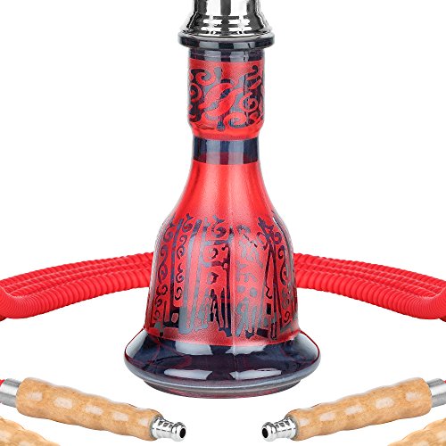 Mianova Shisha Hookah Set aus Glas: Wasserpfeife, 4 Schäuchen, Kohle, 5 Mundstücke und Zange – Rot - 3