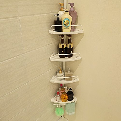 Songmics Teleskop Duschregal Badregal Duschecke Höhenverstellbar 85-305 cm mit 3 Haken 4 Ablage weiß BCB001A - 3