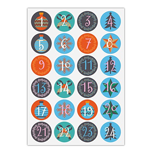 Download 5 x 24 élégants autocollants du calendrier de l'Avent avec les nombres 1 - 24 sur les symboles de Noel,bleue clair gris, MAT étiquette adhésive en papier, labels, vignettes, stickers pour faire des calendriers de l'Avent, décorer des cadeaux de Noel, décoration du table, des paquets, lettres etc. (ø 45mm; 5 x 24 nombres)