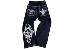 ORANDESIGNE Y2k Jeans Herren Hip Hop Retro Schädel Stickerei Gewaschen Baggy Denim Hose Lässig Lose Weites Bein Hose Streetwear