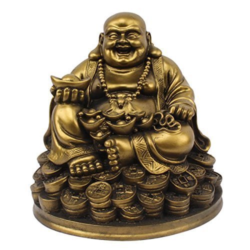Petrichor Fengshui Riendo Buda Sentado en Suerte Dinero Monedas llevando Lingote de Oro para Buena Suerte y Felicidad