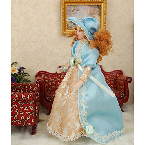 1:12 Puppenhaus Miniatur Victorian Dame Puppen Blau Kleid mit Hut - 9