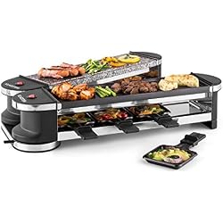 Klarstein Tenderloin 50/50 Grill-raclette - Grill de table, Grill festif, 1200 W, 8 poelons et spatules en bois, Positionnement libre, 1 plaque de grill en métal, 1 plaque en pierre naturelle