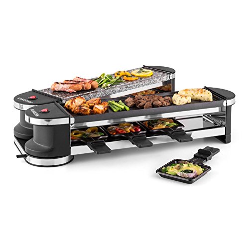 Klarstein Tenderloin Raclette-grill dépliable (8 personnes avec plaque de cuisson en pierre naturelle et plaque de grill en aluminium, 8 poelons avec raclettes en bois, 2 x 1200W)