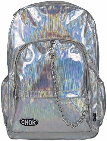 CHOK Holo Silver Stripe Hologram Backpack Rucksack Bag with Laptop Protection | School College Unisex Travel | Holographic Reflective Mirror Cool Effect