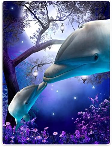 Violetpos Thick Blanket Soft Warm Cosy Flannel Fleece Sofa Blanket Lid Blanket Funny Dolphin Kisses Purple Wild Flowers Light Moon Stars