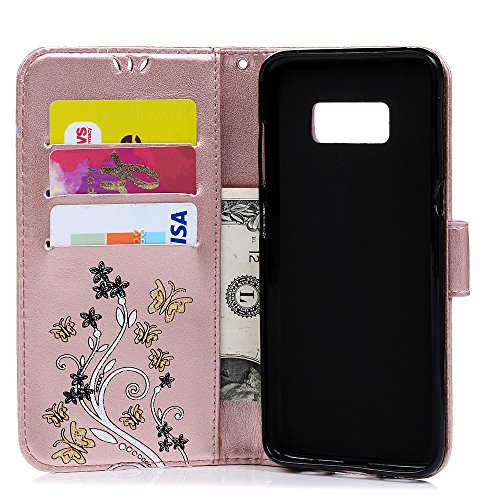 Lanveni Samsung Galaxy S8 Hülle, Handyhülle für Galaxy S8 Flip Case Cover PU Lederhülle Schutzhülle Magnetverschluss Ledertasche mit Stander Function Brieftasche Card Slot Handy Tasche mit Bunte Schmetterling Cover Design (Rose Gold)+ 1 x Stylus Pen + 1 x Staubdichte Stecker - 9