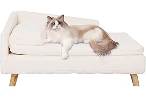 BingoPaw Elevated Dog Sofa Bed: L Shaped Raised Dog Lounger Couch with Durable Wooden Legs - Nordic Plush Fur Pet Chair Bed with Soft Removable Cushion Mat and Pillow M(70x40cm